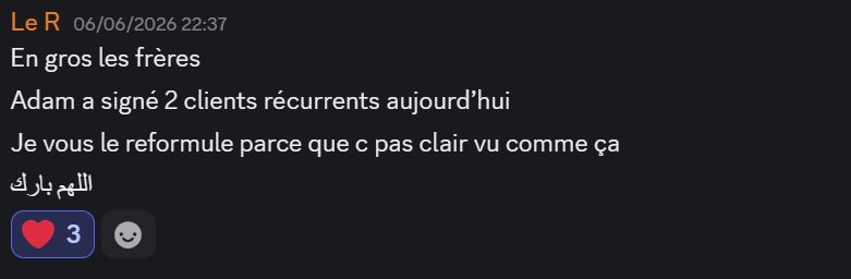 Message Discord annonçant les 2 clients signés par Adam